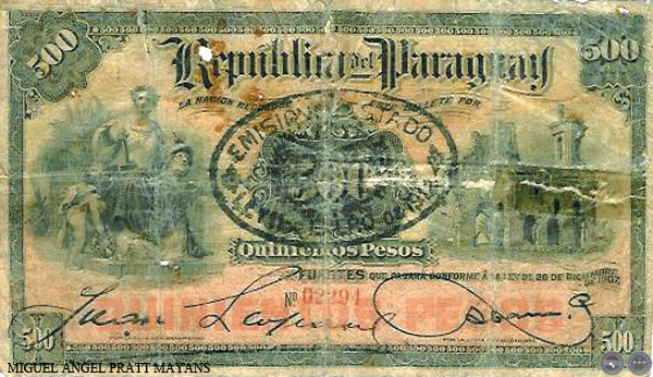 QUINIENTOS PESOS FUERTES - RESELLADO A.A.30 - FIRMA: JUAN LEOPARDI - AGUSTÍN CARRÓN